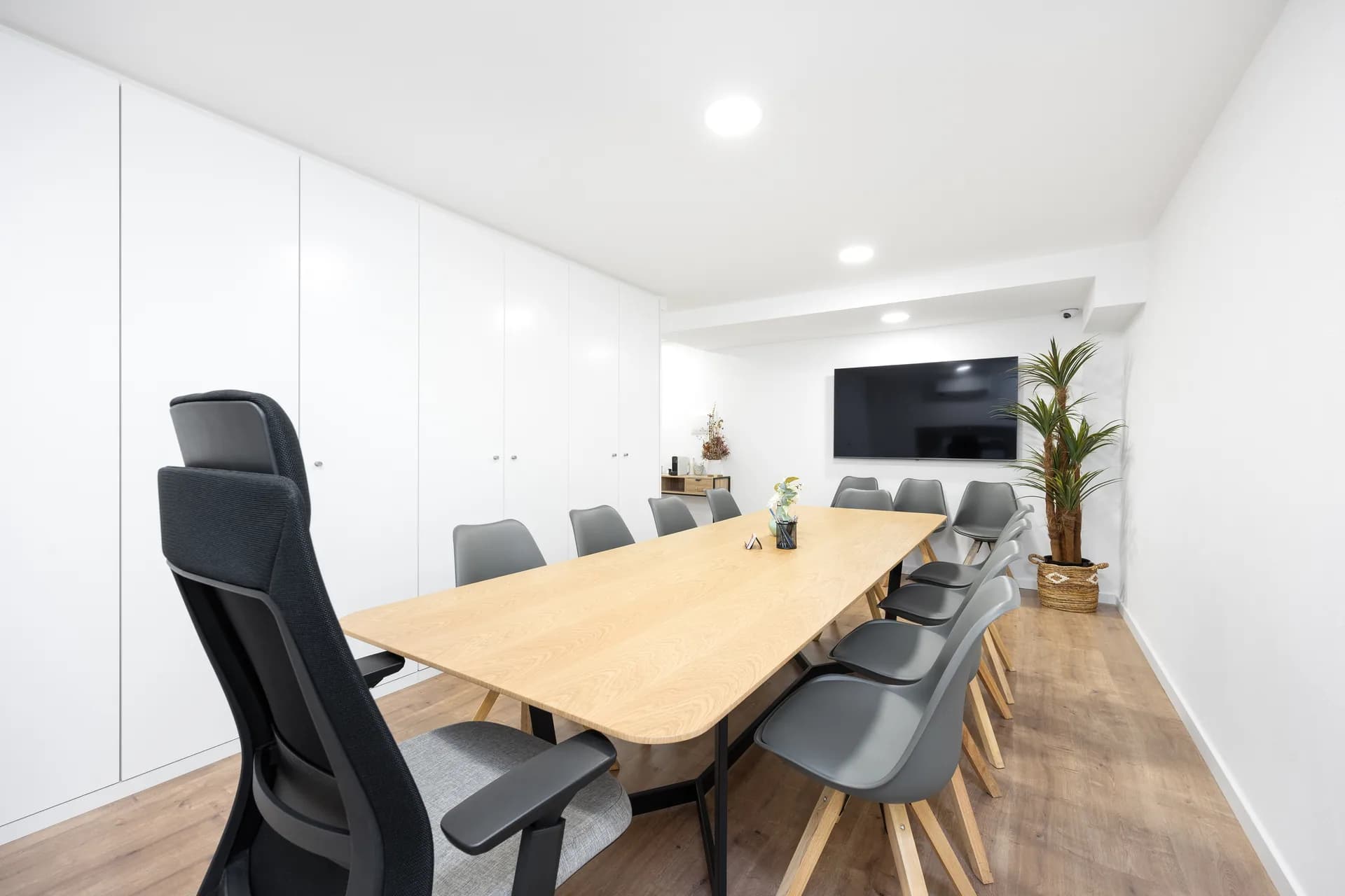 Sala de reuniões com televisor e planta decorativa